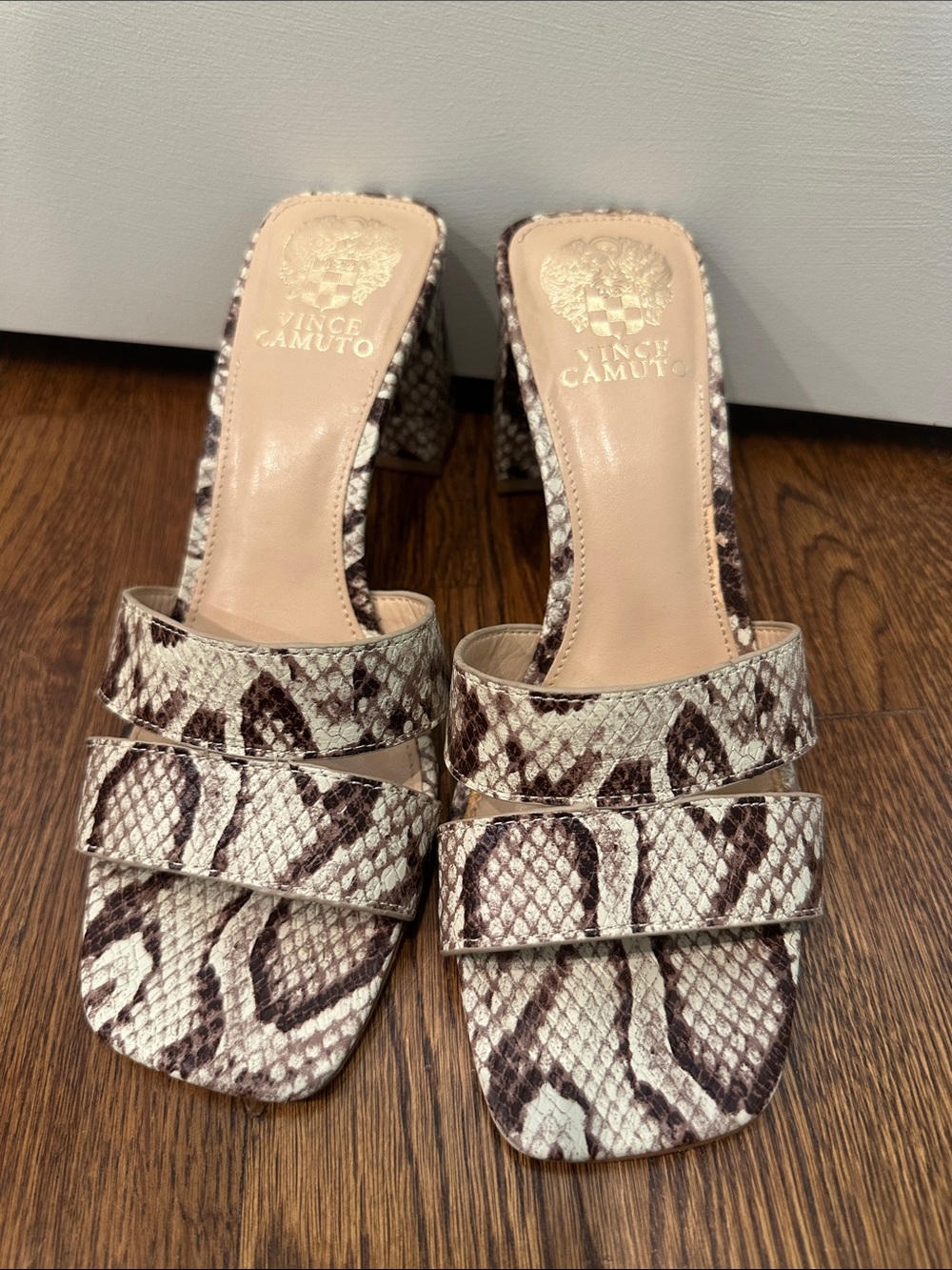 Vince Camuto Taupe and Cream Snake-Print Slide Heels